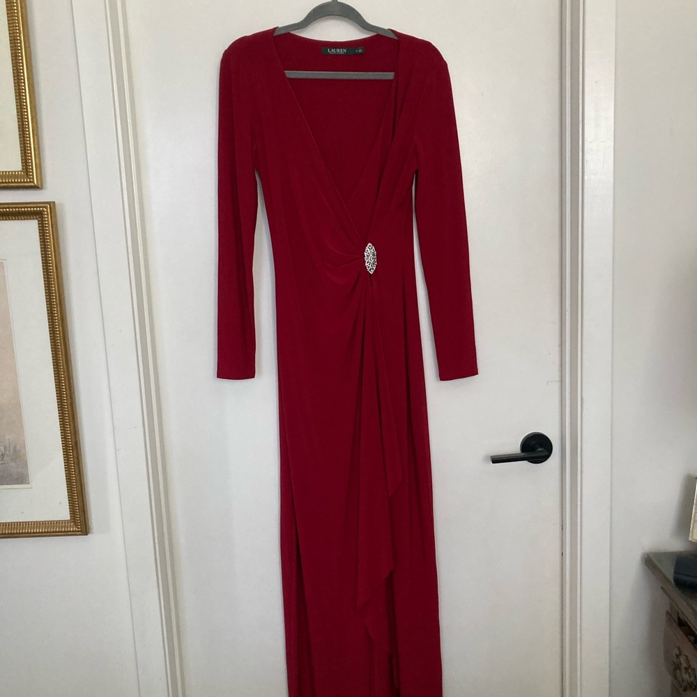 Ralph Lauren Red Long Sleeve Dress with vintage broach detail.